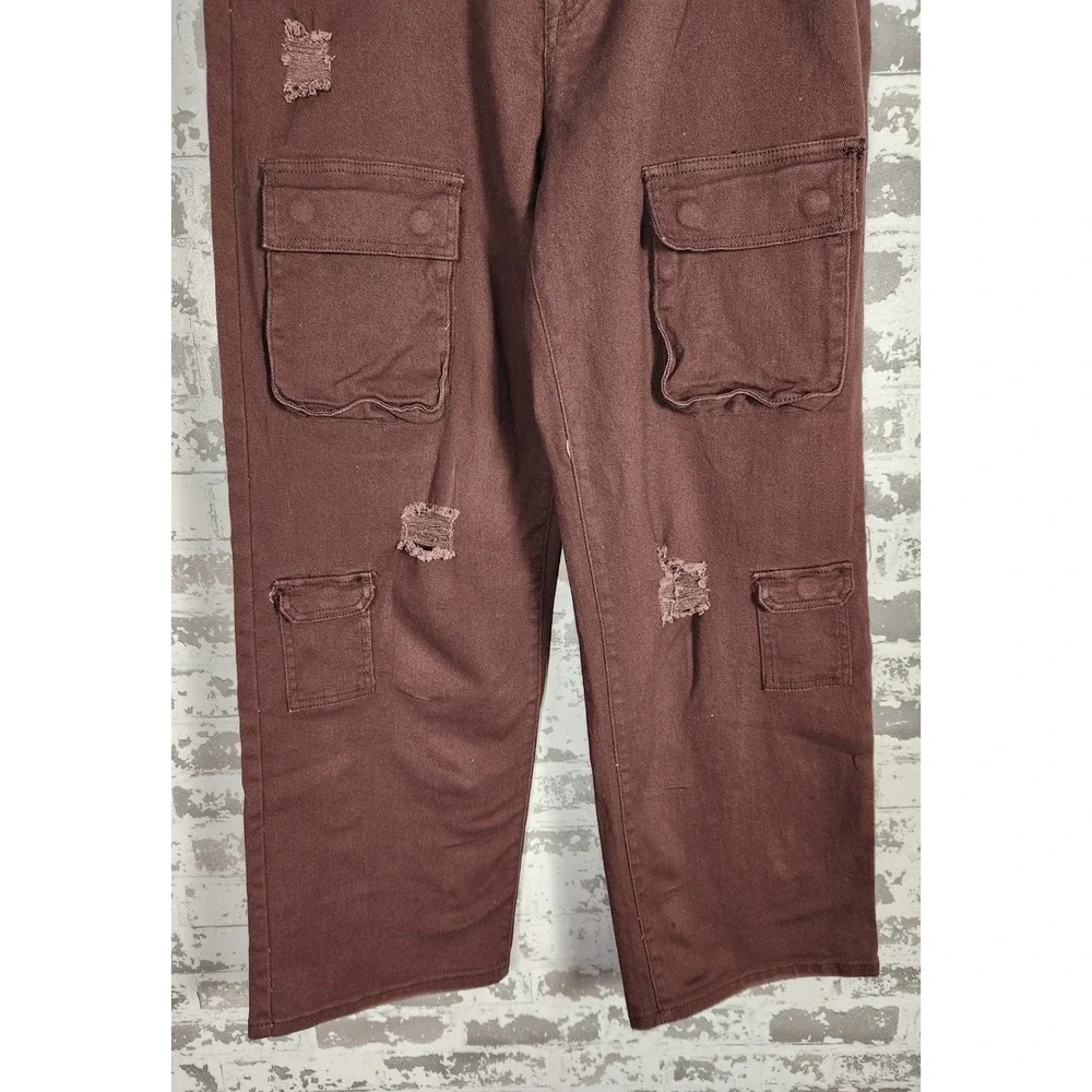 Forever 21 Cargo Pants Denim Dark Cocoa Straight Leg Distressed High Rise Casual